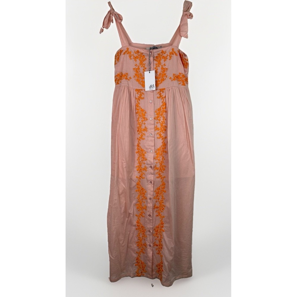 NWT dRA Los Angeles Women's XS Peach Orange Embroidered Tie Strap Maxi Sundress